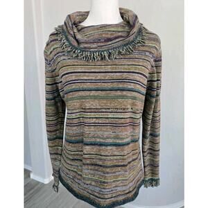 J.Jill Cowl Neck Fringe Wool Blend Cozy Striped Sweater Sz M